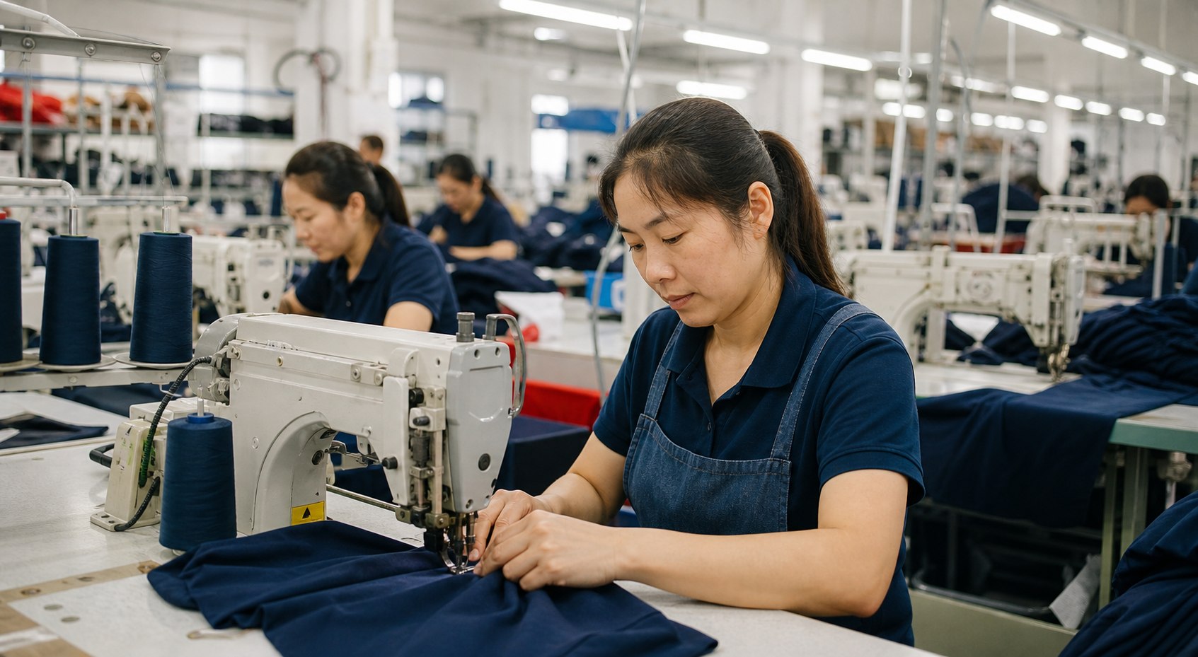 Chinese garment workers at industrial sewing stations in a modern production facility